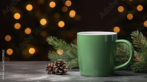  a green coffee mug sitting on top of a table next to a pine cone and a christmas tree with lights in the background.  generative ai