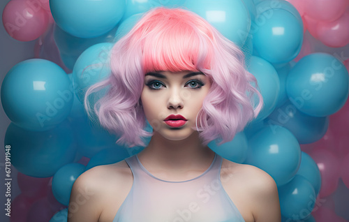 cute girl with blue wig and pink background