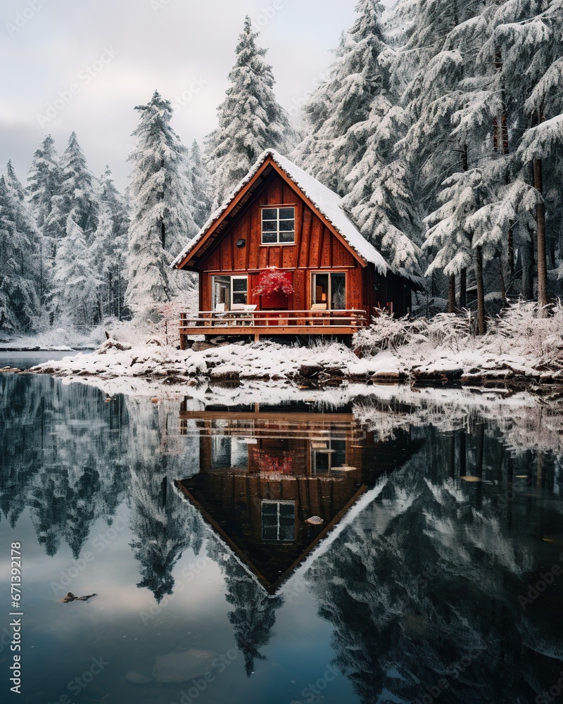 Fototapeta premium a cabin on a small lake in snowy winter at christmas evening 