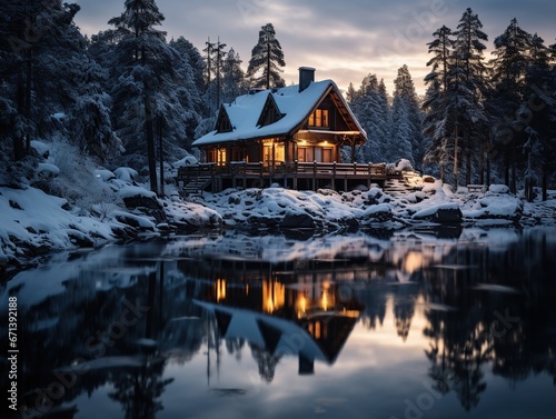a cabin on a small lake in snowy winter at christmas evening 