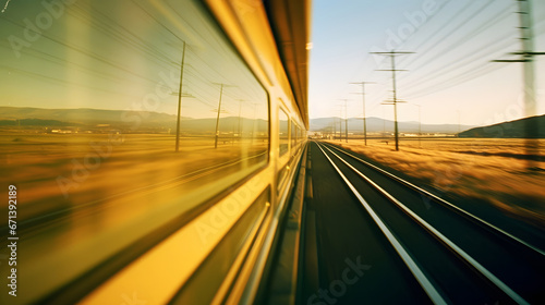 High speed train in motion on the railway station. Fast moving modern passenger train on railway platform. Railroad with motion blur effect.