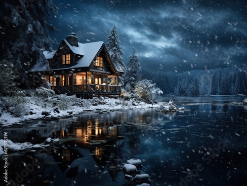 a cabin on a small lake in snowy winter at christmas evening 