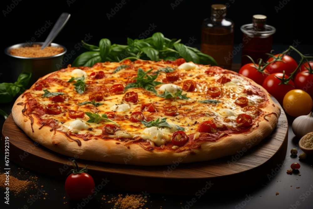 jalapeno pizza with sausages close up on gray concrete or stone table and black background