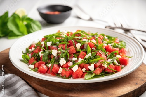 watermelon and feta salad with several forks in view