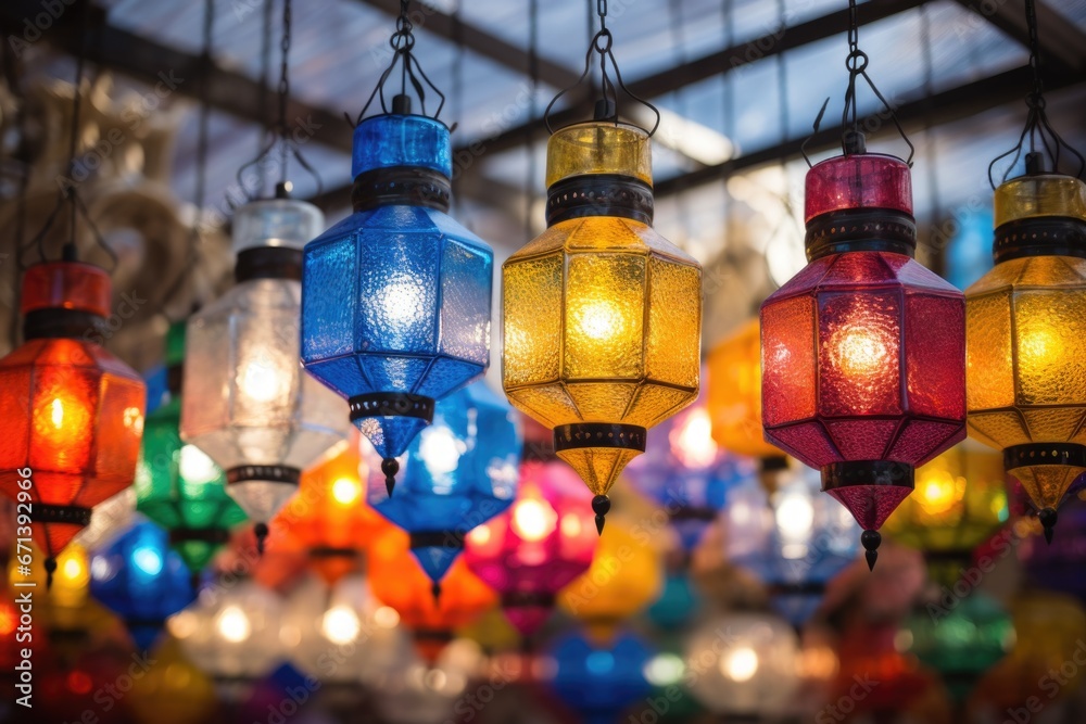 colorful glass lanterns hanging from a ceiling - obrazy, fototapety, plakaty 