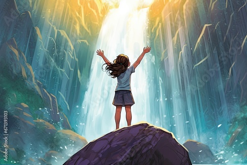 Illustration of a Brave Girl Proudly Standing in Front of a Majestic Waterfall