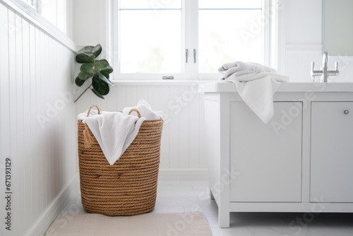 laundry basket next to bathtub in a white bathroom