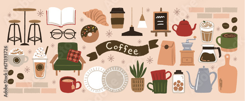 カフェとコーヒーのかわいいイラスト素材セット