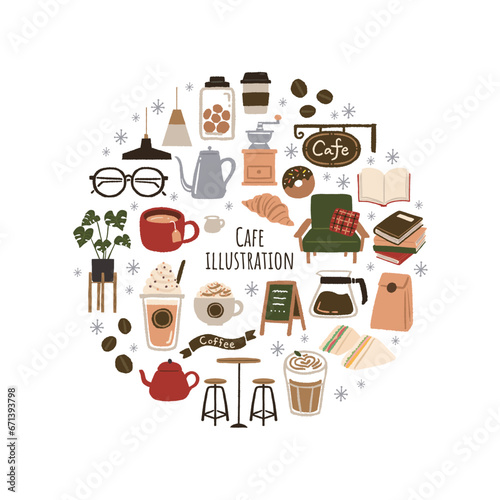 カフェとコーヒーのかわいいイラスト素材セット