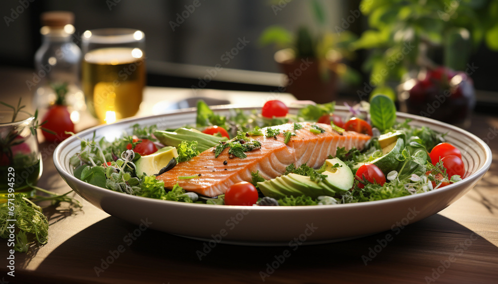 Salmon salad with avocado and cherry tomatoes on wooden table in restaurant