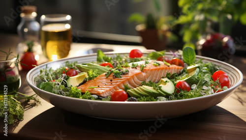 Salmon salad with avocado and cherry tomatoes on wooden table in restaurant