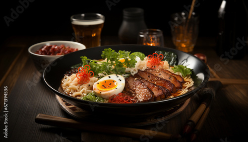japanese cuisine. udon noodles with meat and egg on wooden background