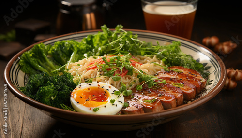 Japanese ramen noodle with grilled salmon and egg on wooden table