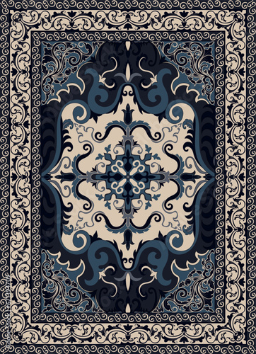 Persian carpet old scroll flower design navy and cream color home interior decoration rug.