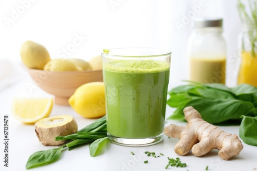 green smoothie with ingredients around