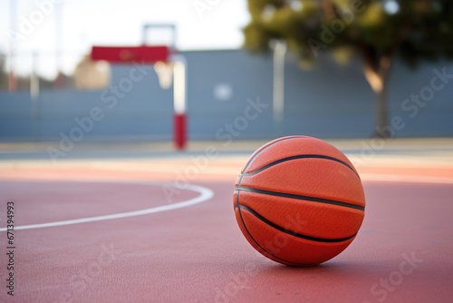 a basketball on a court with a hoop in the background