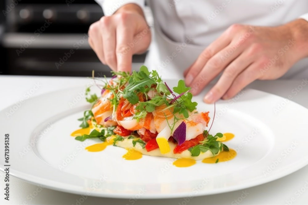 chefs hand serving lobster salad on a white plate