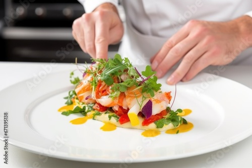 chefs hand serving lobster salad on a white plate