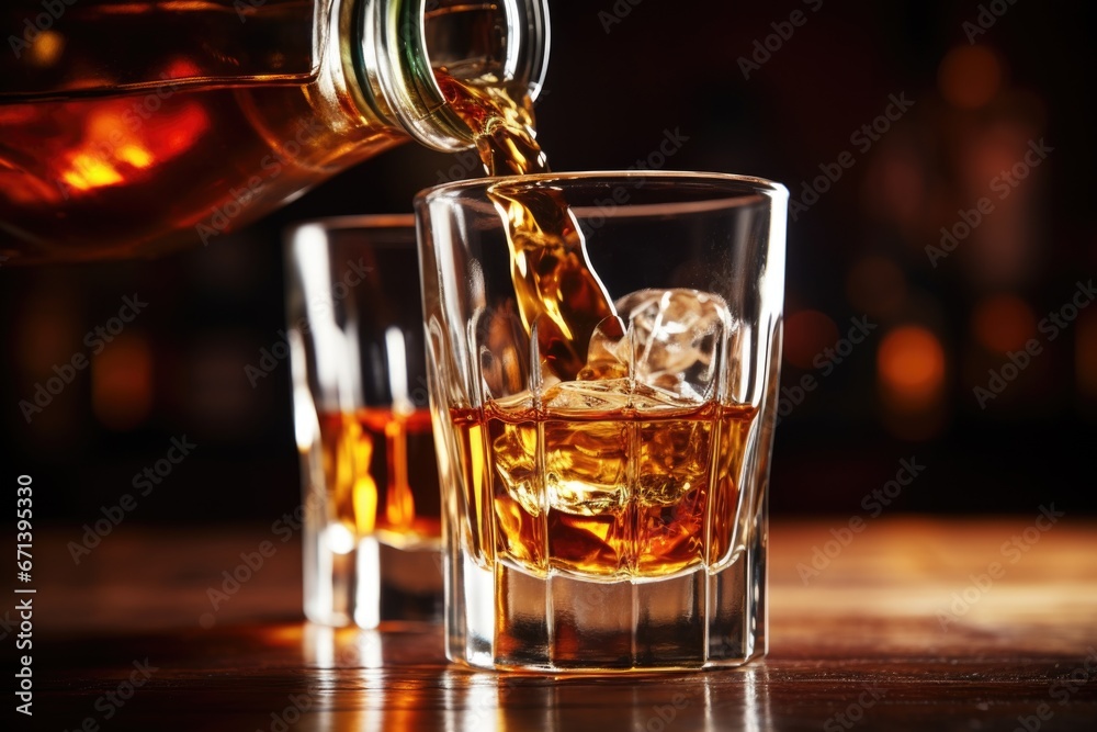 a shot glass being filled with whiskey - obrazy, fototapety, plakaty 
