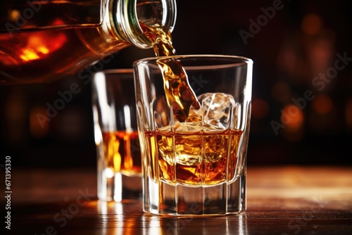 a shot glass being filled with whiskey