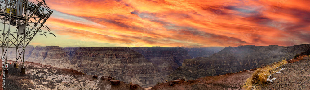 Panoramic of the guano mine at the west viewpoint of the Grand Canyon National Park of Colorado, under a reddish sky at sunset, in the state of Arizona in the United States of America.