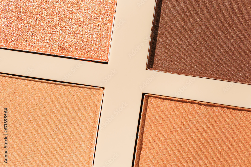 Fototapeta premium Vivid colored eye shadow makeup palette close up, colorful swatches cosmetic and beauty product, shiny eye shadow in beige package, aesthetic background textures powder for eye cosmetics