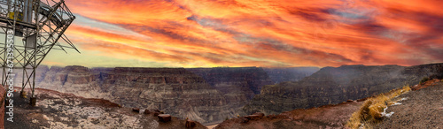 Panoramic of the guano mine at the west viewpoint of the Grand Canyon National Park of Colorado, under a reddish sky at sunset, in the state of Arizona in the United States of America. photo