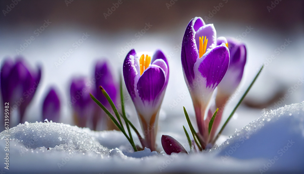 Fototapeta premium Purple crocus flowers grow in the snow. Spring concept. Wall decoration.