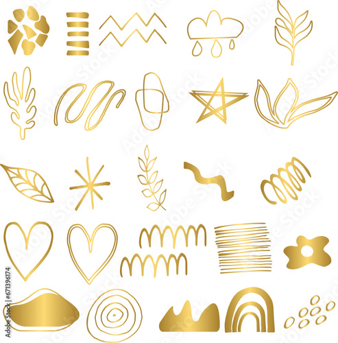 Set of golden abstract shapes, collection of gold abstract shapes