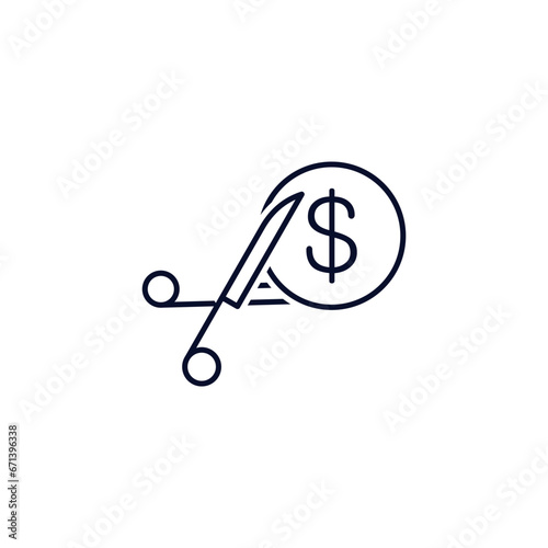 Dollar and scissors. Cut funding.  Vector linear icon isolated on white background.