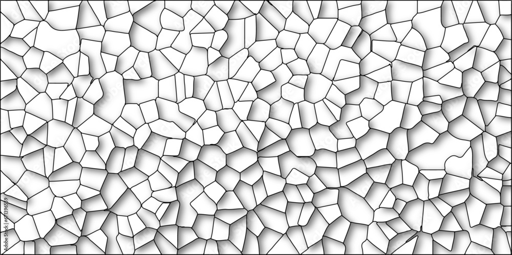 Black & White Broken Stained Glass Background with White lines. Voronoi diagram background. Seamless pattern with 3d shapes vector Vintage Illustration background. Geometric Retro tiles pattern