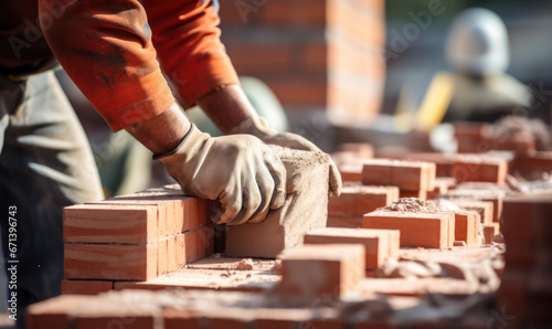 close up of a worker s hands putting red bricks on a wall
