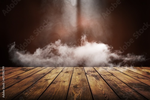 empty blank wooden table with white smoke and light