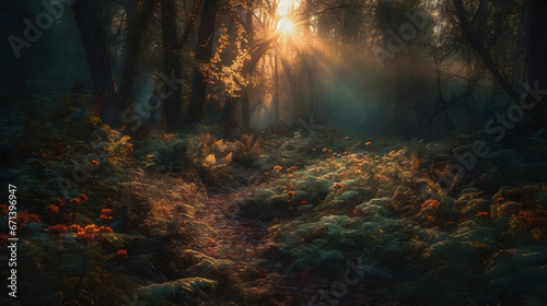 Lush vegetation in a magical forest basks in the warm golden hour light, creating a mystic atmosphere with luminous flora.
