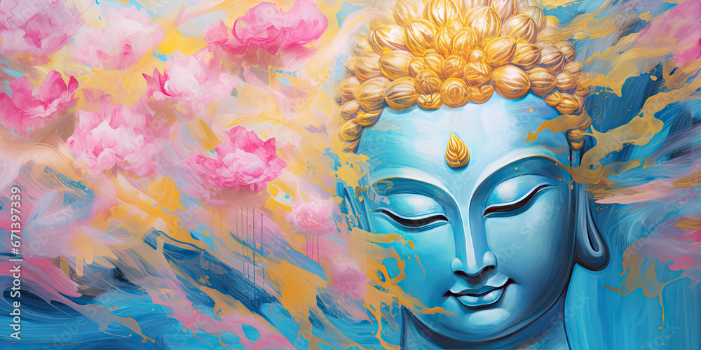 abtract painting of golden buddha and lotuses