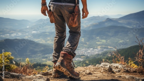 A person wearing hiking boots stands in the mountains and .