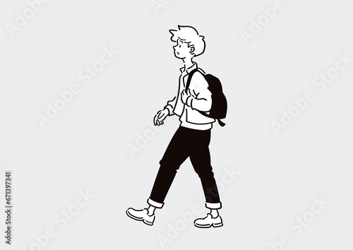 街を歩く男の人のイラスト。リュックサックを背負って歩いている男性。人物の線画イラスト素材。