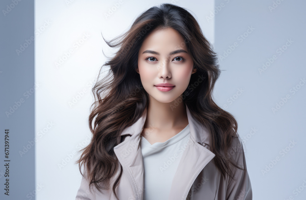 Fototapeta premium Portrait of a young beautiful Asian woman with long hair