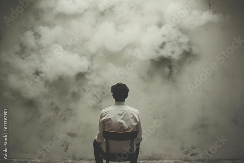 Man sitting in front of a white brick wall  with a white cloud of smoke  AI-generated.