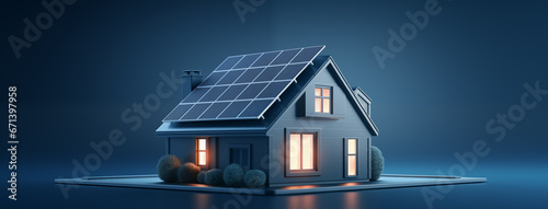 Image of house with solar panels against blue background. Generative AI. photo