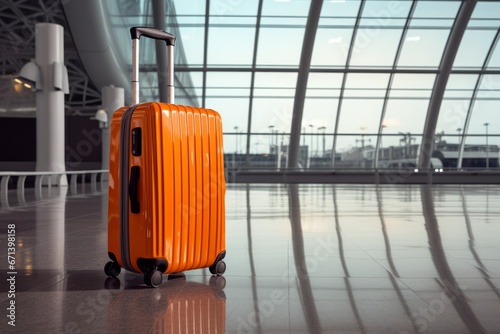 Modern orange suitcase in the airport