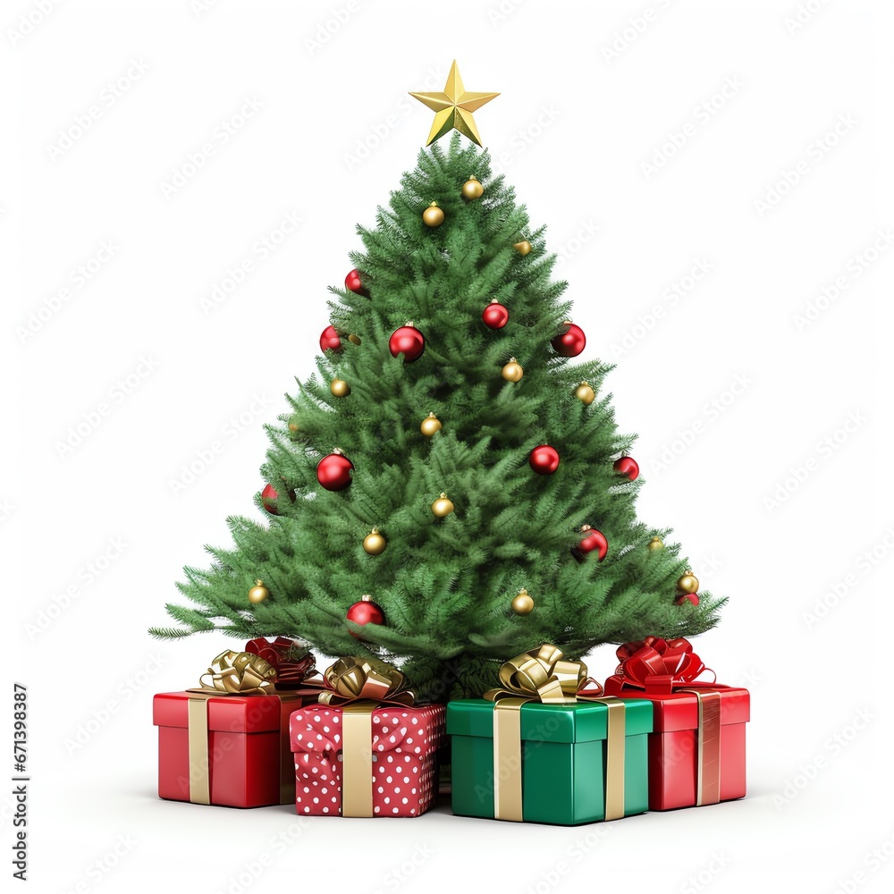 Christmas tree and gifts isolated on white background