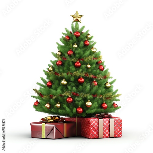 Christmas tree and gifts isolated on white background