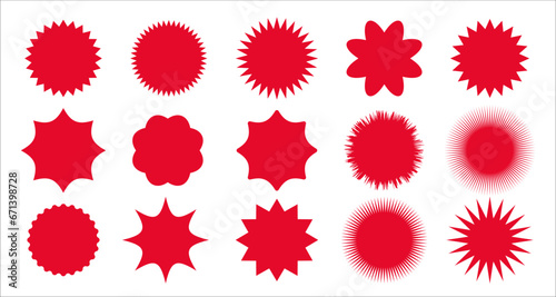 Set of price stickers, sale stickers, round red label, shopping label, discount, brutalism graphic shapes, vector