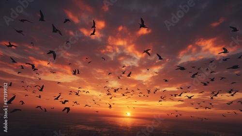 A sky filled with migrating birds, their formations creating silhouettes against the evening glow. © Ahmad