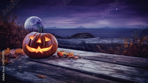 Halloween background with glowing pumpkins and haunted House photo