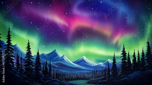 A sky painted with the colors of the aurora borealis, vibrant greens and purples dancing ethereally.