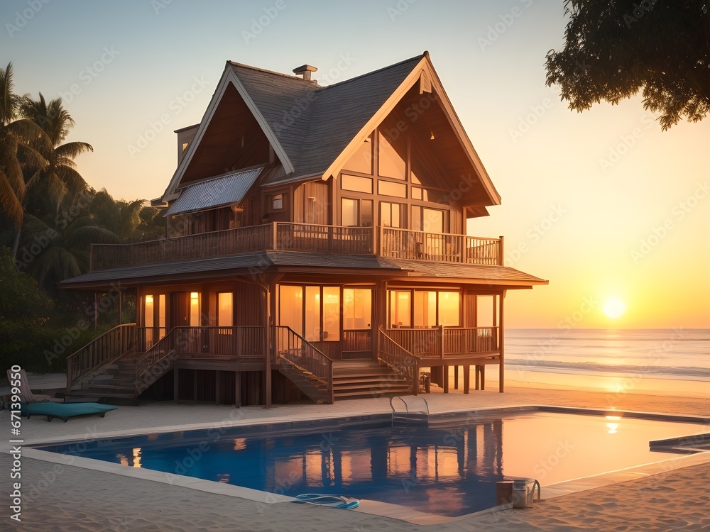 Exterior image of a modern wood house with large windows with a pool in a beach area under the beautiful sky, minimal sleek design, sliding glass doors showing an elegant interior Exterior image of a modern wood house with large windows with a pool in a beach area under the beautiful sky, minimal sleek design, sliding glass doors showing an elegant interior