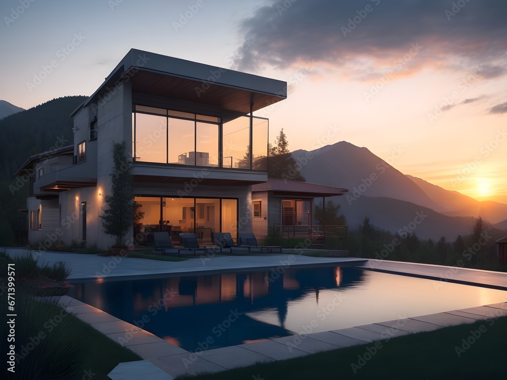 Exterior image of a modern wood house with large windows with a pool in a mountain area under the beautiful sky, minimal sleek design, sliding glass doors showing an elegant interior