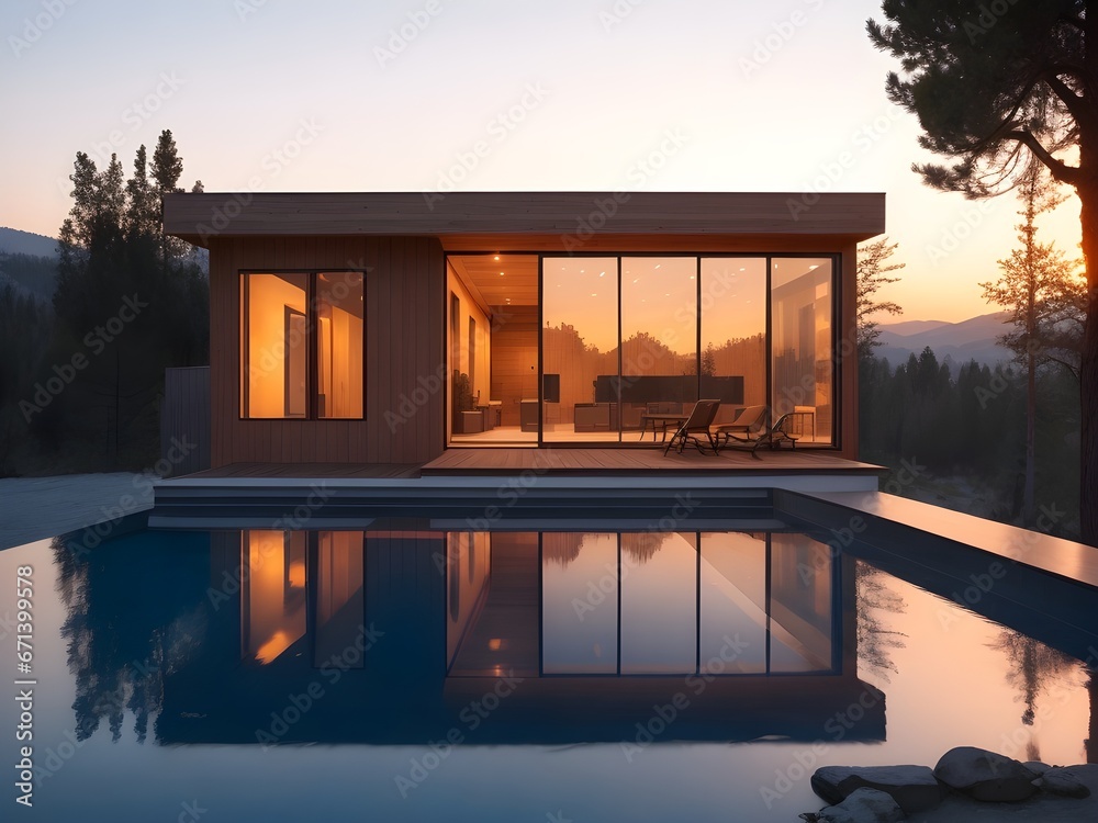 Exterior image of a modern wood house with large windows with a pool in ...